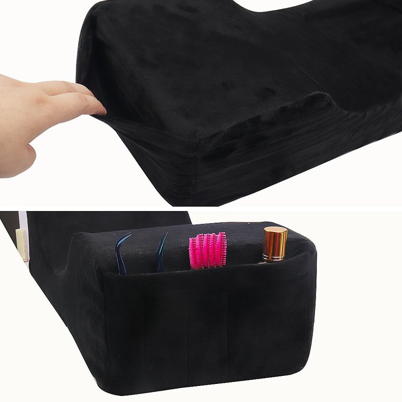 Eyelash Extension Velvet Lash Pillow - Memory Foam Neck Support with Side Pockets | Black