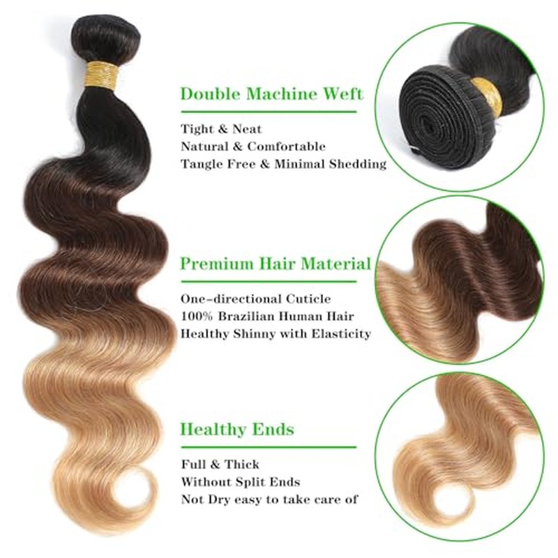 Kapelli Ombre Human Hair Bundles Body Wave (T1B/4/27,18" 20" 22") 10A 100% Brazilian Virgin Remy Hair Bundles 3 Tone Black to Blonde Human Hair Weave
