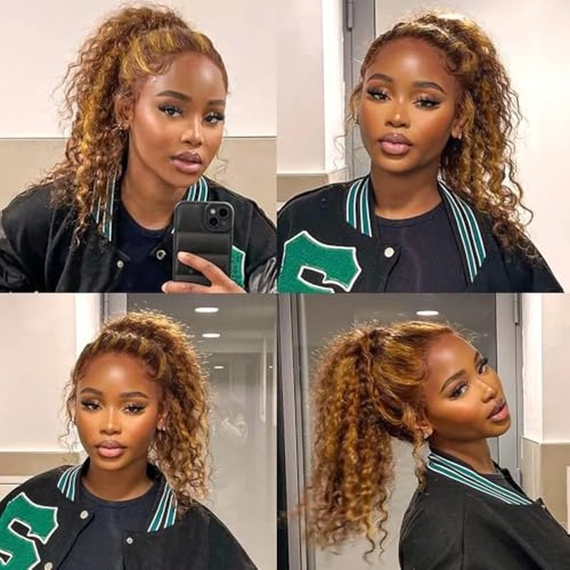 13x4 Highlight Ombre Deep wave Lace Front Wigs Human Hair for Black Women P4/27 Colored HD Transparent Honey Blonde Curly Lace Frontal Wigs Pre Plucked 180 Density with Baby Hair 28inch