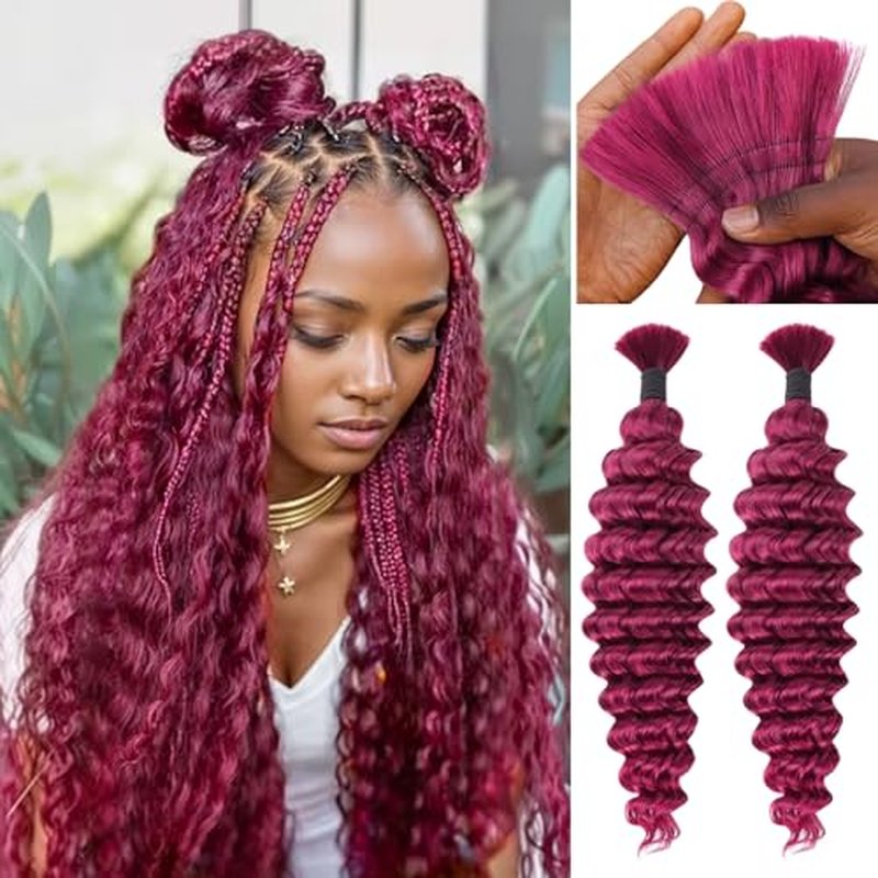 IDN BEAUTY Pre Divided Human Braiding for Boho Braids Hair Extensions, 24 Inch 100g 99J Burgundy Deep Wave Human Hair for Braiding Bohemian No Weft 12A Virgin Brazilian Wet and Wavy