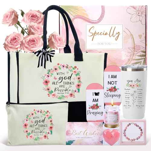 Christian Gifts for Women Faith Inspirational Religious Gifts Baskets for Mother Friends Grandma Encourage Bible Baptism Set with Canvas Tote Bag Socks Tumbler