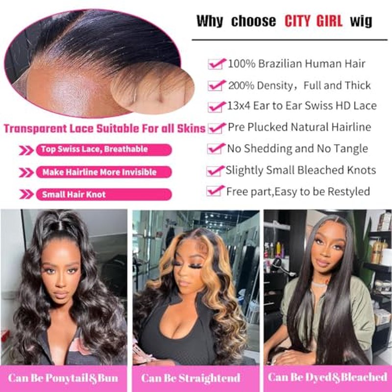 CITY GIRL 32 Inch Body Wave Lace Front Wigs Human Hair Pre Plucked 13x4 hd Transparent Lace Frontal Body Wave Human Hair Wig for Women 200 Density Natural Black