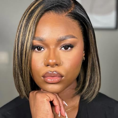 Bob Wig Human Hair Highlight Ombre 13x4 HD Transparent Lace Front Wigs 1b/27 Black and Blonde Wig Human Hair Pre Plucked with Baby Hair 180 Density Short Bob Wigs 10 Inch