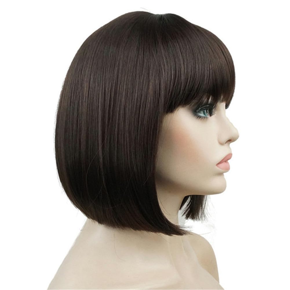 Short Straight Bob Wig with Cute Flat Bangs | Synthetic Women’s Hairpiece - 6 Chestnut Brown