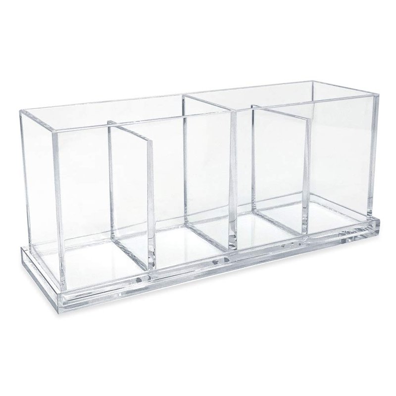Isaac Jacobs 2-Pack 4-Compartment Clear Acrylic Organizers with Lid (9” L x 3” W x 4” H), Makeup Brush Holder, Sectional Tray, Storage Solution for Makeup, Crafts, Office Supplies & More (2, Clear)