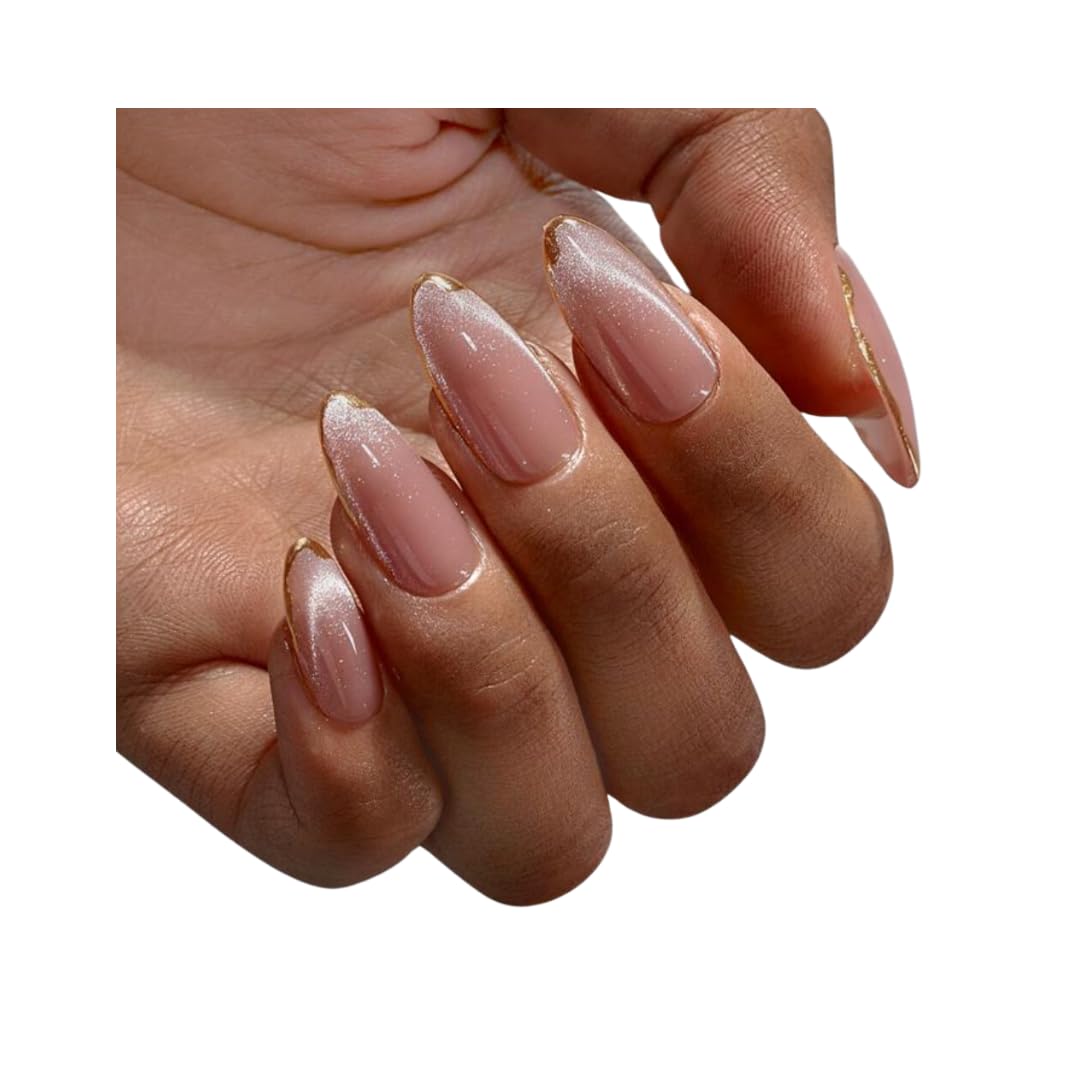 Nailfeen GelTech™ Press-On Nails - "Golden Hour" | Nude Cateye Gold Metallic | Medium Almond, Soft Gel Nails | 30 Nails in 15 Sizes