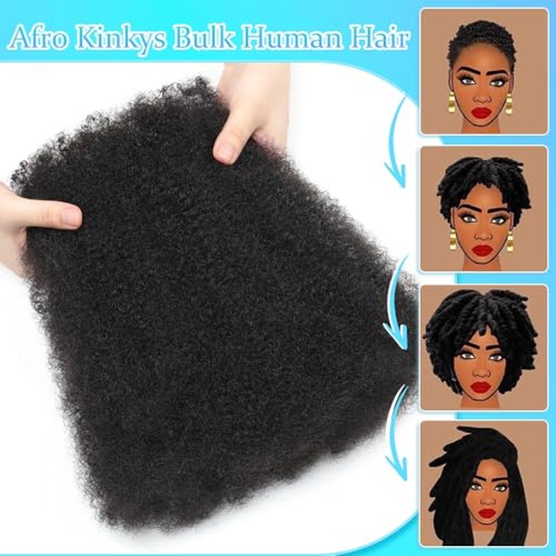 Afro Kinkys Bulk Human Hair for Dreadlocks Extensions Repair Locs, Twist Braiding Afro Kinky Human Hair for Locs 16 Inch 6 Bundles 105 Gram 4#