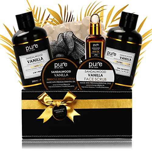 Pure Mens Bath and Body Gift Set. 7 Pc Natural Spa Gift Basket for Men. Spa Gift Set is #1 Ideal Gift for Men That Care about themselves!