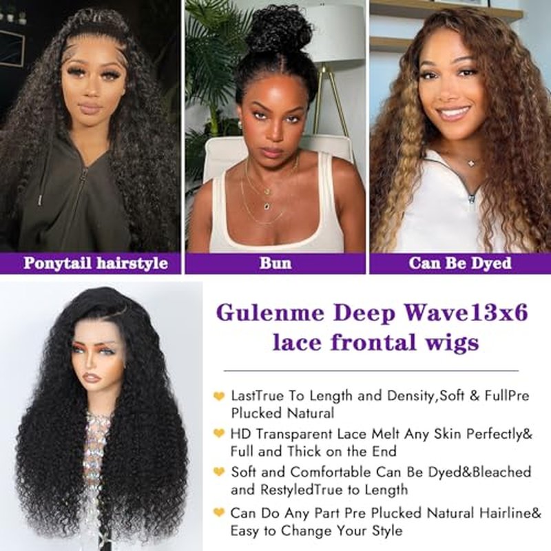 Deep Wave Lace Front Wigs Human Hair 13x6 HD Pre Plucked curly wig 200 Density Deep Wave Curly Glueless Frontal Wigs for woman Human Hair £¨20 inch,Natural Black£©