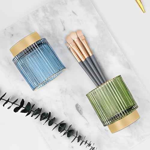 Makeup Brush Holder Organizer, Heavy Crystal Glass Brush Storage Holder, Vintage Cosmetic Make Up Bathroom Brushes Cup Pen Pencil Toothbrush Holder Striped Vase (S+L (green))