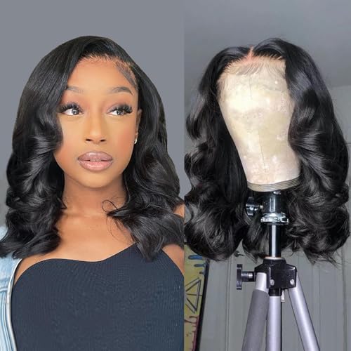 Douyin Bob Wig Human Hair 13x4 Frontal Lace Wig 14 Inch Body Wave 180% Density HD Lace Front Wigs Human Hair Pre Plucked Bob Wigs for Women (14 inch, Natural Black)