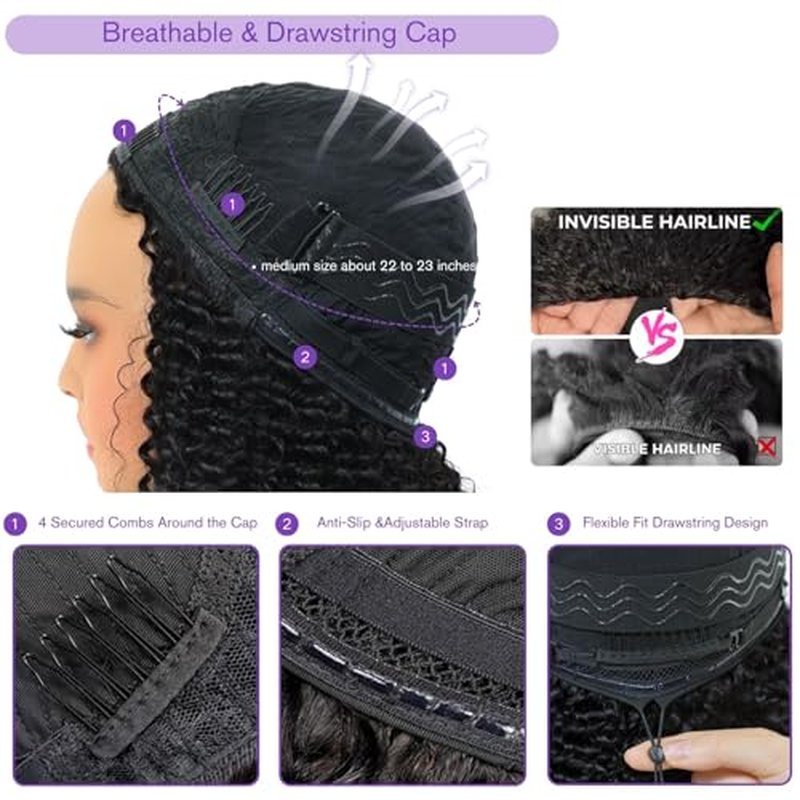 Curly Half Human Hair Wig 200% Density 20 Inch 3 In 1 Glueless Wear And Go Wigs Human Hair Seamless Flip Over With Update Drawstring Headband Seamless Clip Ins Kinky Curly Wigs For Black Women