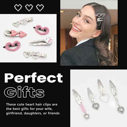10PCS Heart Hair Clips Y2K Silver Hair Clips Metal Dangle Heart Gothic Barrettes 8 Shapes Cross Punk Hair Accessories for Women
