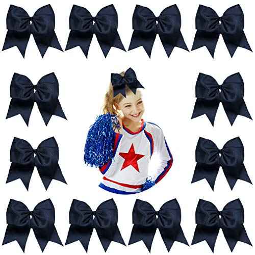 DEEKA 12PCS 8" Large Cheer Hair Bows Ponytail Holder Handmade for Teen Girls Softball Cheerleader Sports-Navy Blue