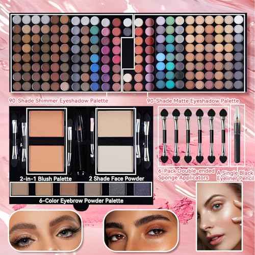 Pure Vie All-in-One Holiday Gift Makeup Set Essential Starter Bundle Include Eyeshadow Palette Lipgloss Concealer Blush Eyebrow Foundation Face Powder Eyeliner Pencil - Make up Kit for Women Full Kit