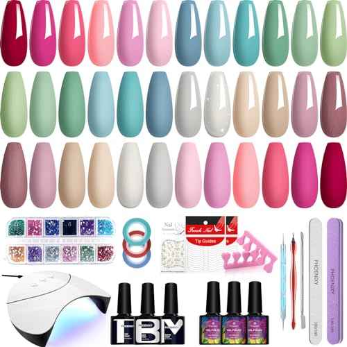 Phoenixy Gel Nail Polish Kit with U V Light, 36 PCS Gel Nail Kit Pink Red Brown Blue Green Nail Polish Set Manicure Starter Kit Gifts for Women