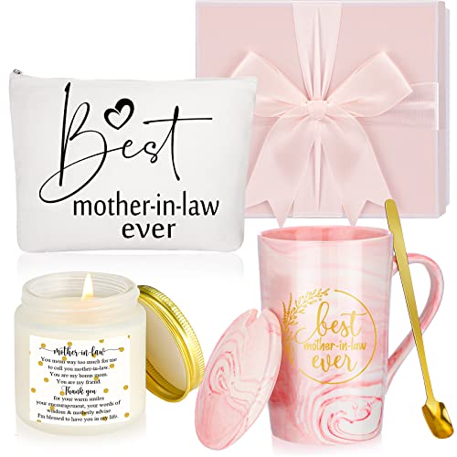 Lallisa 4 Pcs Best Mother-in-Law Ever Gift Box Coffee Mug Lavender Scented Candles Makeup Bags for Mother's Day Birthday Gifts from Daughter-in-Law Son-in-Law