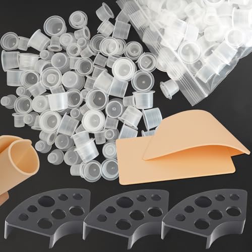305Pcs 3MM Tattoo Skin and Ink Caps Kit - Emalla 2Pcs Fake Skin Practice and 3Pcs Black Tattoo Ink Cups Holder with 300Pcs Tattoo Ink Caps 100 Small 100 Medium 100 Large Tattoo Supplies for Beginners
