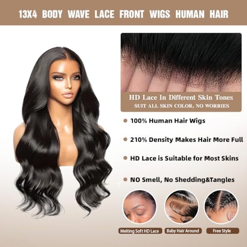14" 13x4 Glueless Wigs Human Hair Pre Plucked Pre Cut with Baby Hair, 210% Density 12A Brazilian Body Wave Lace Front Wigs Human Hair, Natural Black HD Transparent Wear and Go Wigs for Black Women