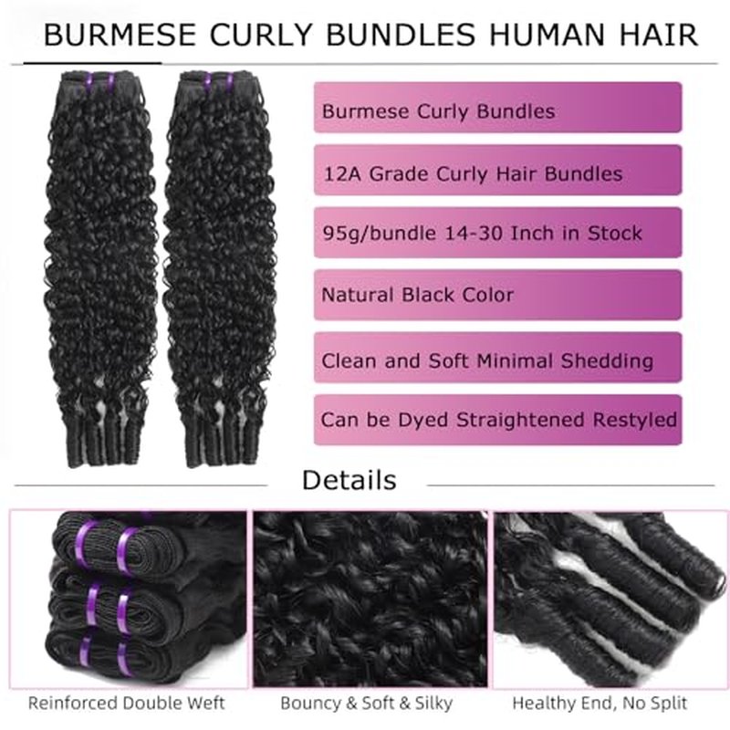 3C4A Burmese Curly Bundles 20 20 20 Inch Unprocessed Virgin Hair 3 Bundes Quick Weave Curly Human Hair with Spiral Ends Natural Black Color for Women