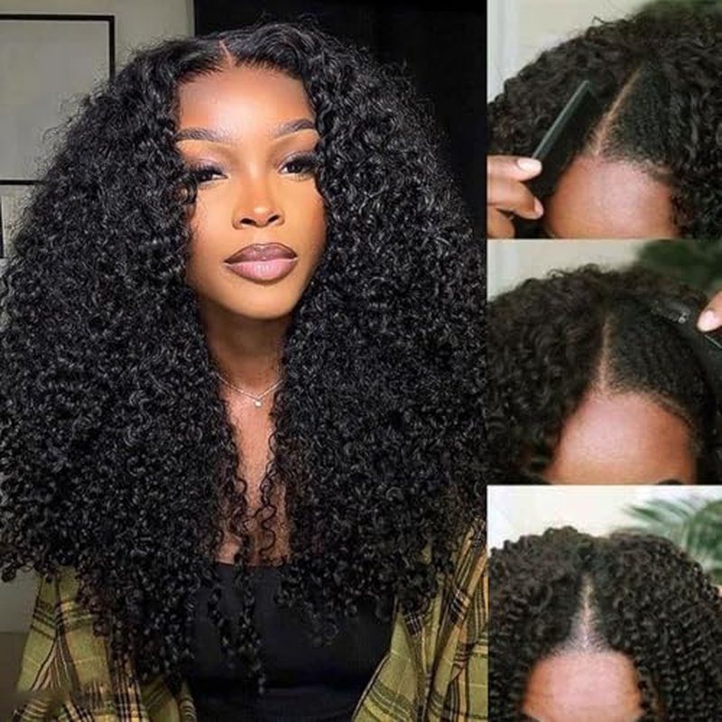 Kinky Curly V Part Wig Human Hair Glueless Clip In 100% Real Human Hair Curly V part Wigs No Glue No Sew In Upgrade U Part Wig For Beginners Friendly 200 Density 18 Inch