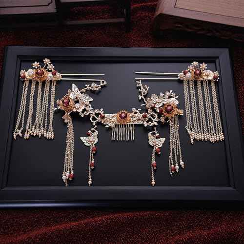Women Gold Butterfly Hair Comb Traditional Chinese Wedding Headdress Accessories Red Pearl Stick Head Jewelry Bridal Headpiece