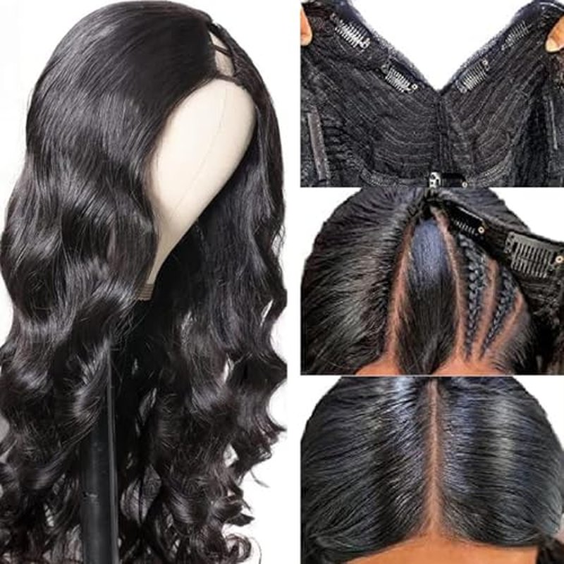 U Part Human Hair Wig Body Wave for Women Brazilian Remy Upart Human Hair Wig Beginner Friendly No Sew in NO Glue 200% Density Natural Color 22Inch