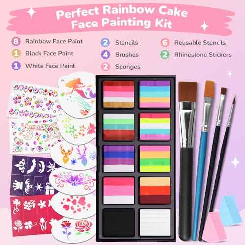 Janolia Face Painting Kit for Kids, Rainbow Face Paint Kit, Water Activated Face Paint, Macaron Color Split Cake Body Paint, Ideal Facepaint Makeup Kit for Kids Party Halloween Carnival Easter