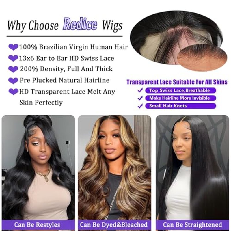 Redice Human Hair Wigs for Women - HD Transparent Lace Front Wigs, 200% Density, Glueless, Body Wave, Pre Plucked with Baby Hair, 26 Inch