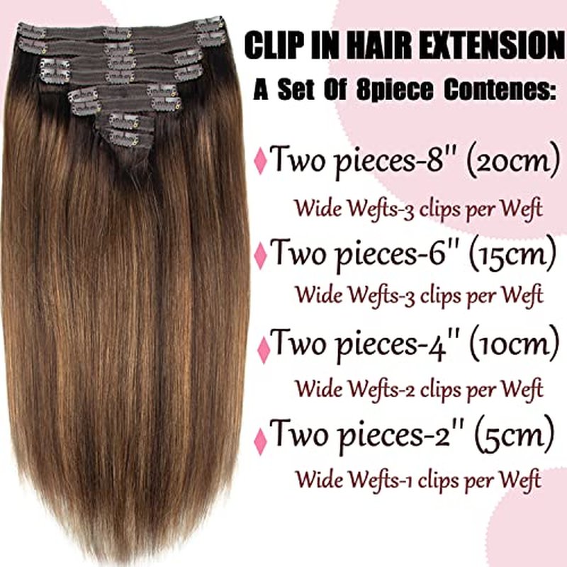 Clip in Hair Extensions Balayage Dark Brown Mixed Chestnut Brown Hair Extensions Clip in Human Hair Invisible Remy Natural Hair Silky Straight 120g 8pcs (24 inch, #2/6/2)
