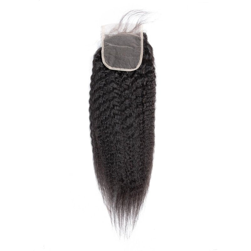 Brazilian Kinky Straight 4x4 Lace Closure 100% Unprocessed Human Virgin Hair Pre Plucked Coarse Italy Yaki Pre-Plucked Hairline Closure Natural Black With Baby Hair (14inch, kinky straight closure)
