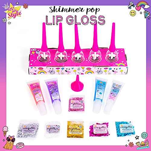 Just My Style Shimmer Pop Lip Gloss, Create 5 Lollipop-Shaped Lip Glosses, Includes Funnel, Empty Lip Gloss Containers, Sweet Lip Gloss Base, Body Glitter & More, DIY Lip Gloss, Multi (208316J)