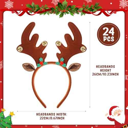 Riceshoot 24 Pcs Christmas Antler Headband Reindeer Headband Deer Plush Ears Antlers Costume Hair Hoop for Christmas Party