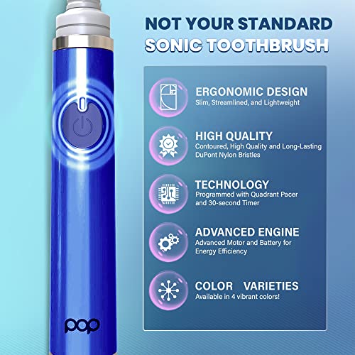 Pop Sonic Ultimate Pro Rechargeable Toothbrush (Navy) - 40,000 Strokes/Min, Dupont Nylon Bristles, Quadrant Pacer & Timer for Teens & Adults