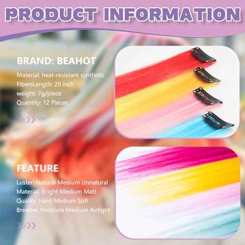 12 PCS Colored Clip in Hair Extensions - BEAHOT 20 Inches Rainbow Long Straight Hairpieces Clip in Synthetic, Halloween Cosplay Dress Up Fashion Party Christmas New Year Gift for Women Kids Girls