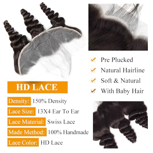 QTHAIR 16A 13x4 HD Lace Frontal Human Hair Loose Wave Frontal Pre Plucked with Baby Hair Ear to Ear Transparent Lace Closure 100% Unprocessed Brazilian Virgin Human Hair (14inch)