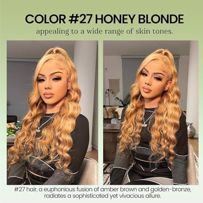 ALHER Honey Blonde Body Wave 3 Bundles Human Hair, 12A Color #27 Sun-kissed Vibe Golden Blonde Colored Human Hair Bundles Sew In Weave Wavy 100% Unprocessed Virgin Remy Hair 10 12 14 In