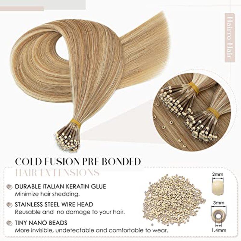 Hairro Bead Human Hair Extensions Microlink Nano Ring Cold Fushion Pre Bonded Keratin Nano tip Remy Hair For Women 24inch 50g/PACK 50 Strands #12P613 Golden Brown Highlight Bleach Blonde