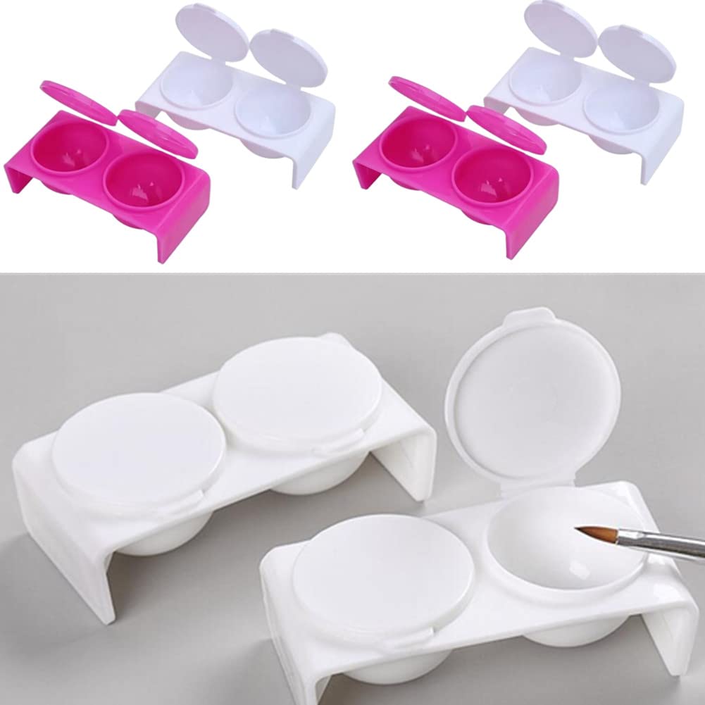 4 Pack Double Cup Plastics Nail Art Cup Bowl Dappen Soaking Dish with Lids for Mixing Acrylic Powder Liquid Nail Art Manicures Tools, Washing Brush Cup (White, Rose Red)