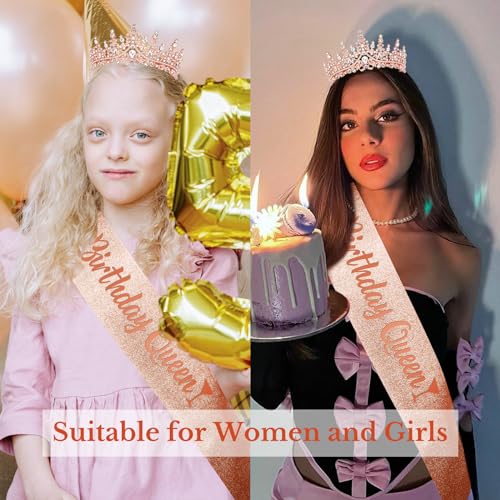 CURASA Rose Gold Birthday Sash and Crown - Crystal Tiaras for Women & Girls - Princess Crowns for Party Gifts