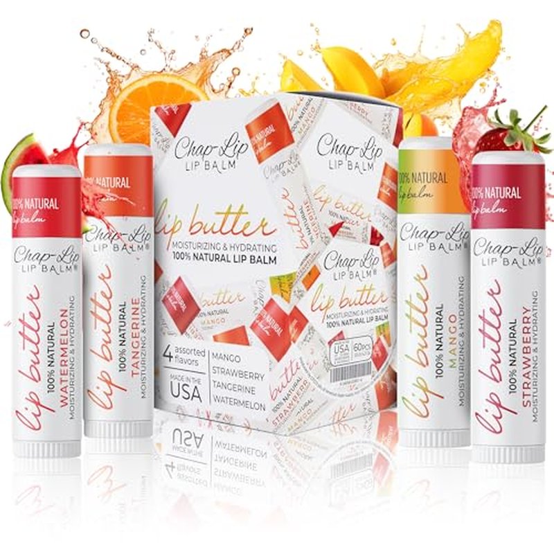 CHAP-LIP 100% All Natural Lip Balm Hydrating Bulk Chap Stick with Fruit Flavors, Coconut Oil, Cocoa Butter - Christmas Gift Stocking Stuffers Lip Therapy Pack for Men and Women - Made in USA, 60 Pack