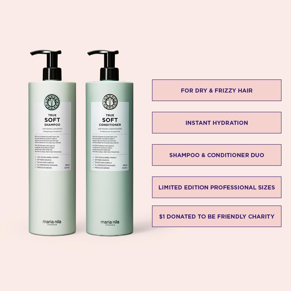 Maria Nila True Soft, Shampoo & Conditioner set, For Dry Brittle Hair, Argan Oil Remoisturises & Reduces Frizz, 2 x 16.9 Fl Oz