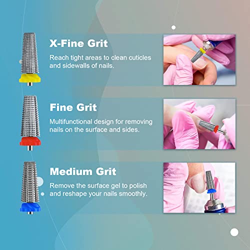 3Pcs Carbide 5 in 1 Nail Drill Bit Set- Two Way Rotate Use for Both Left and Right Handed- XF£¬ F£¬ M 3/32 Inches Brocas Para Drill Nails for Acrylic Nail Gel Fast Remove