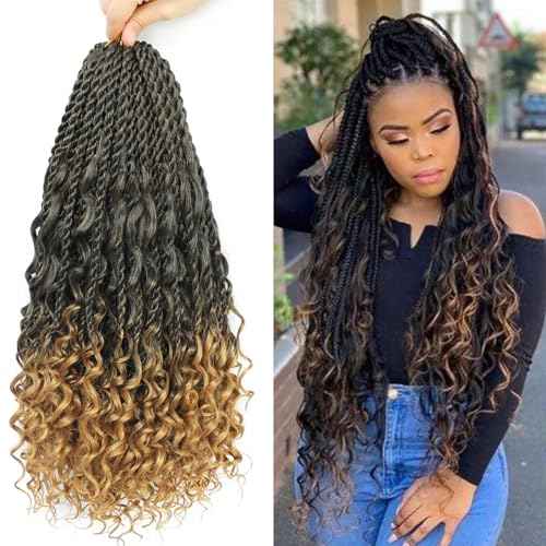 Senegalese Twist Crochet Hair with Curly Ends - 16 Inch Boho Island Twist Crochet Hair 8 Packs Boho Goddess Twist Crochet Hair Pre Looped Crochet Twists with Curly Ends(16(8Packs), 1B/27)