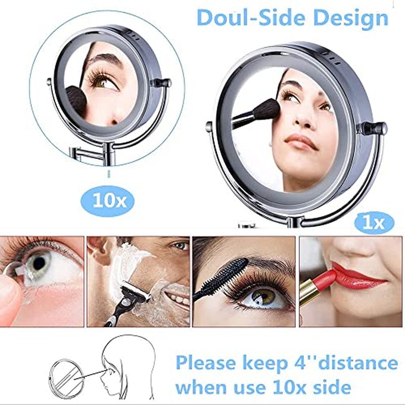 Hardwire LED Lighted Wall Magnifying Mirror for Bathroom with 10x Magnification Sliver,9 Inch Round Surface 13" Extendable Arm Polish Chrome