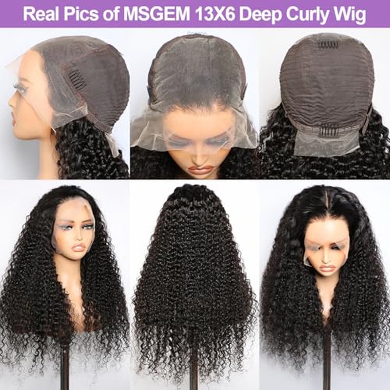 MSGEM 13x6 HD Lace Front Wigs Human Hair Deep Wave Lace Front Wigs 12A Human Hair Wigs for Women 180 Density 18 inch Curly Human Hair Wig Transparent Lace Frontal Wig Pre Plucked Natural Color