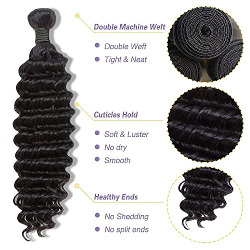 Human Hair Bundles with Closure 100% Unprocessed Deep Wave Bundles (14 16 18+12) 3 Bundles Human Hair with 4x4 Free Part Lace Frontal for Women Natural Color