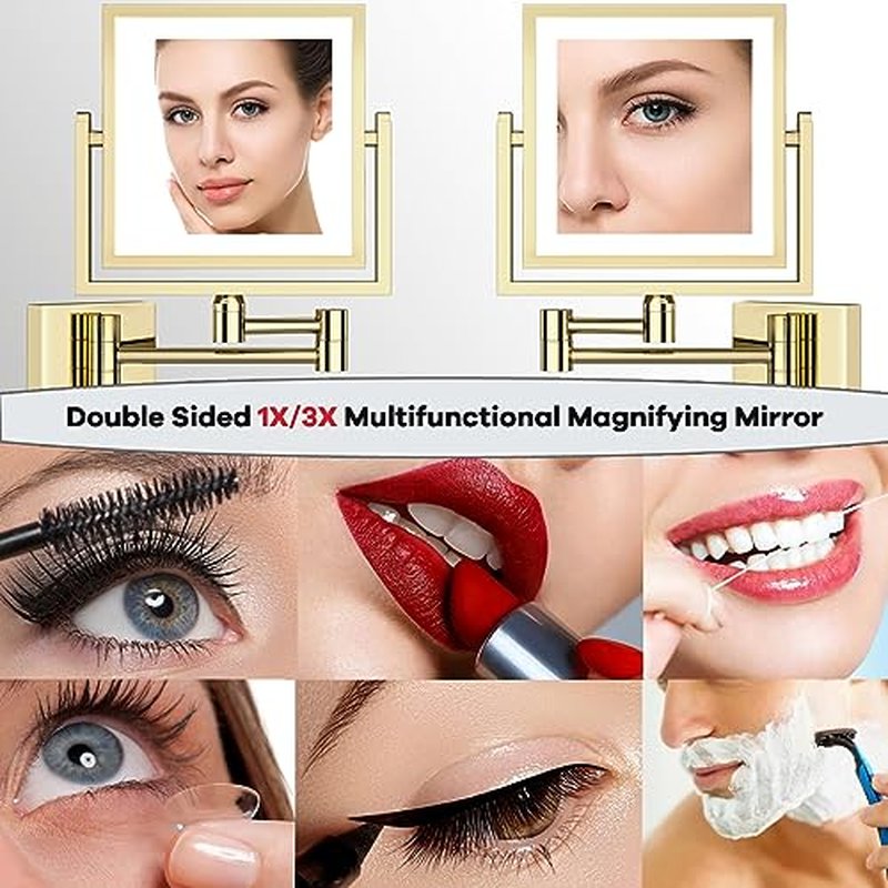 LED Lighted Makeup Mirror Wall Mounted Square, 1/3X Bathroom Magnifying Mirror Wall Mounted with Light, Touch Dimming, Rechargeable, PVD Zirconium Gold