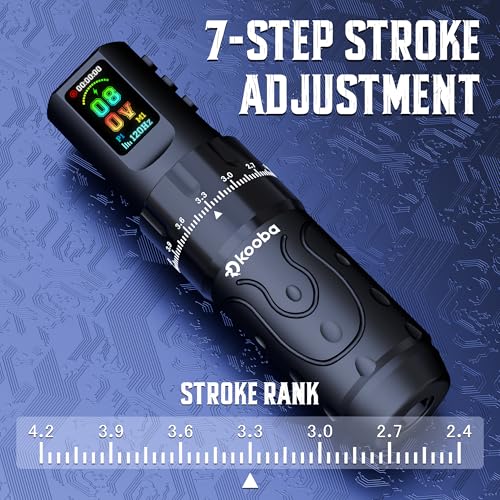 Tattoo Gun Kit with Kooba Wireless Tattoo Machine/Pen 1800mAh Battery Normal/Stippling Mode RCA Convert Adapter 3 Speed Memory Function 7 Strokes Length 20 Cartridges Needles for Artists & Beginners