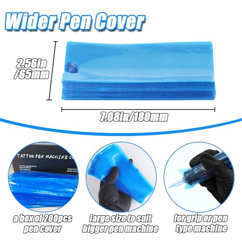 200 Pcs Tattoo Machine Covers & 12 Rolls Grip Tape - Large Disposable Pen Sleeves 2.56x7.08 Inch, Anti-Slip Vibration Control for Tattoo Artists